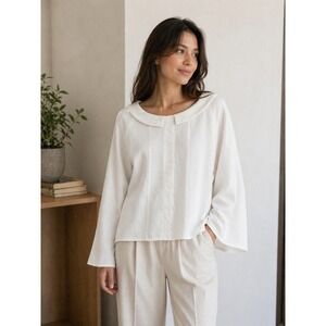White Cotton Pleated Blouse Peter Pan Collar Relaxed Fit Long Sleeve 4X